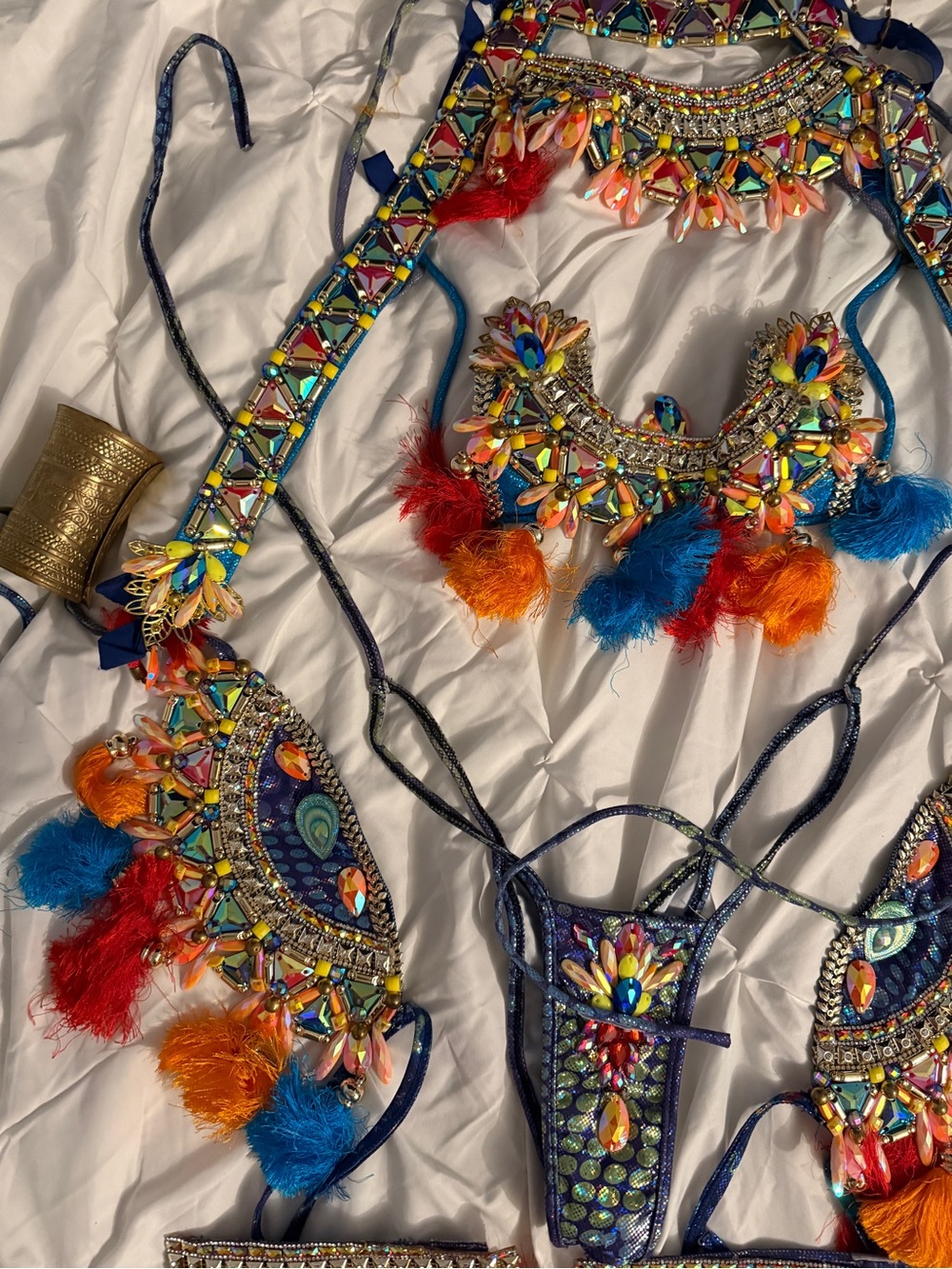Blue Jewelled Orange Gem Embellished Crystal Carnival Costume Festival Tassels - Picture 7 of 9